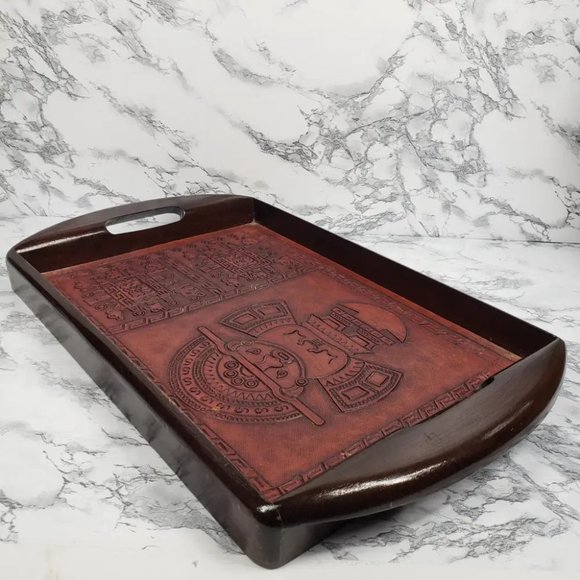 Handmade Wood Embossed Leather Mayan Serving Tray Vintage - Picture 5 of 10